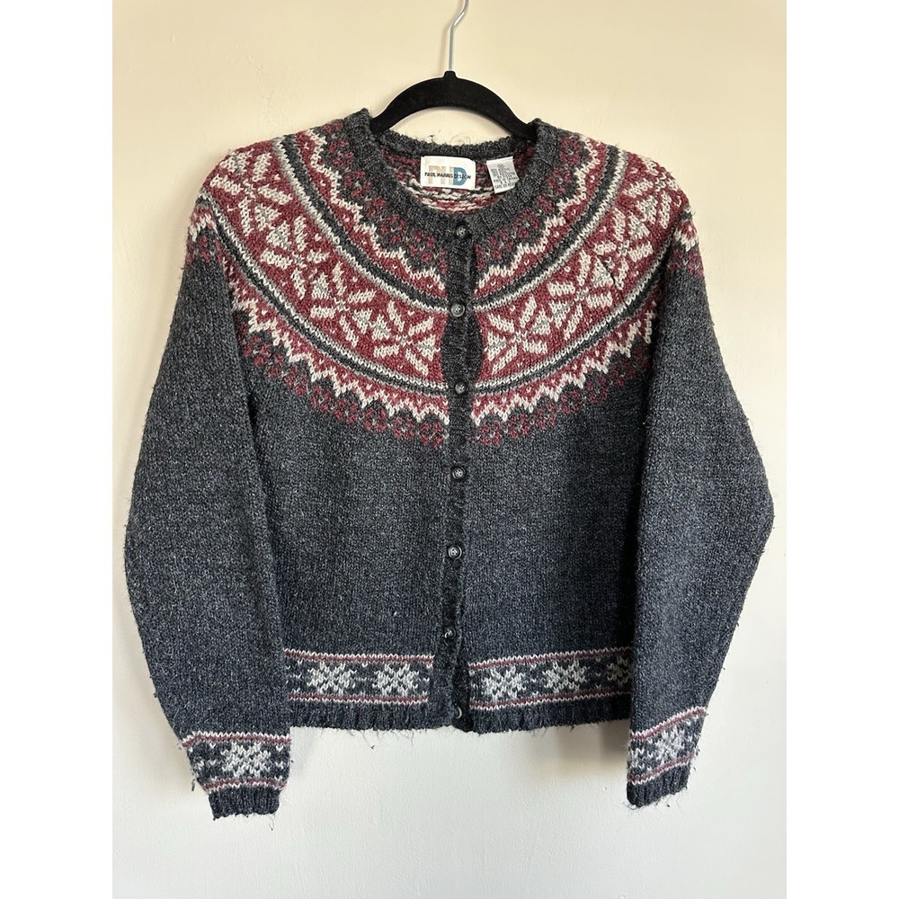 Vtg Fair Isle Nordic Cardigan Sweater MEDIUM Charcoal Grey Hygge Cottagecore
